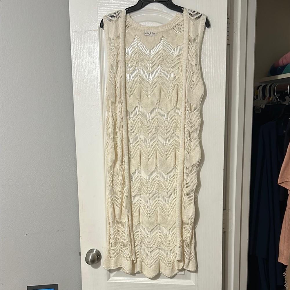 Beige Lace Knit Sleeveless Cardigan